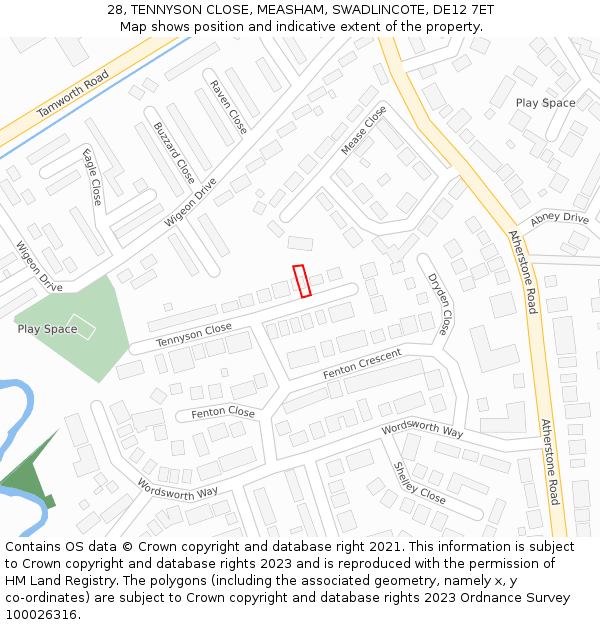 28, TENNYSON CLOSE, MEASHAM, SWADLINCOTE, DE12 7ET: Location map and indicative extent of plot