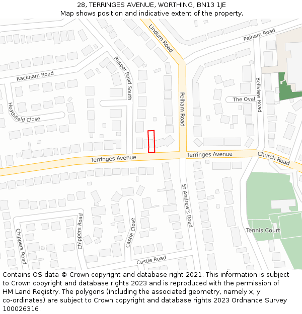 28, TERRINGES AVENUE, WORTHING, BN13 1JE: Location map and indicative extent of plot