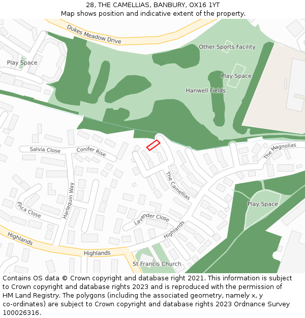 28, THE CAMELLIAS, BANBURY, OX16 1YT: Location map and indicative extent of plot