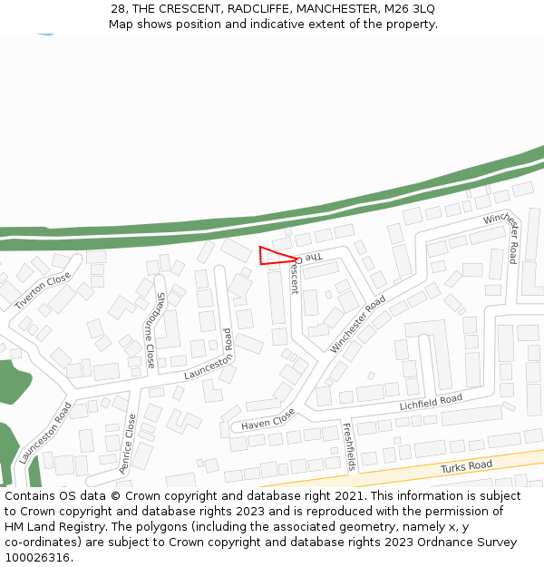 28, THE CRESCENT, RADCLIFFE, MANCHESTER, M26 3LQ: Location map and indicative extent of plot