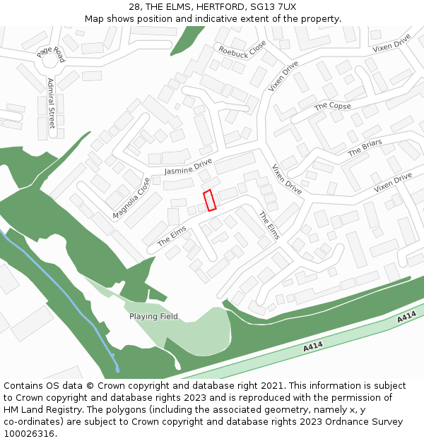 28, THE ELMS, HERTFORD, SG13 7UX: Location map and indicative extent of plot