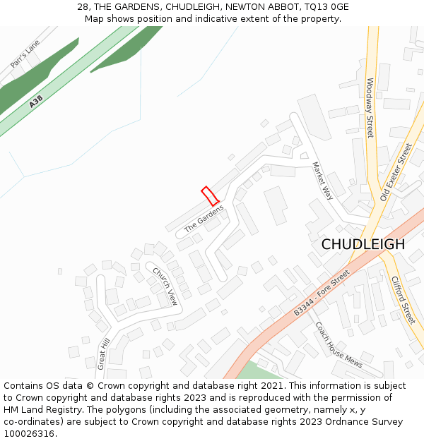 28, THE GARDENS, CHUDLEIGH, NEWTON ABBOT, TQ13 0GE: Location map and indicative extent of plot