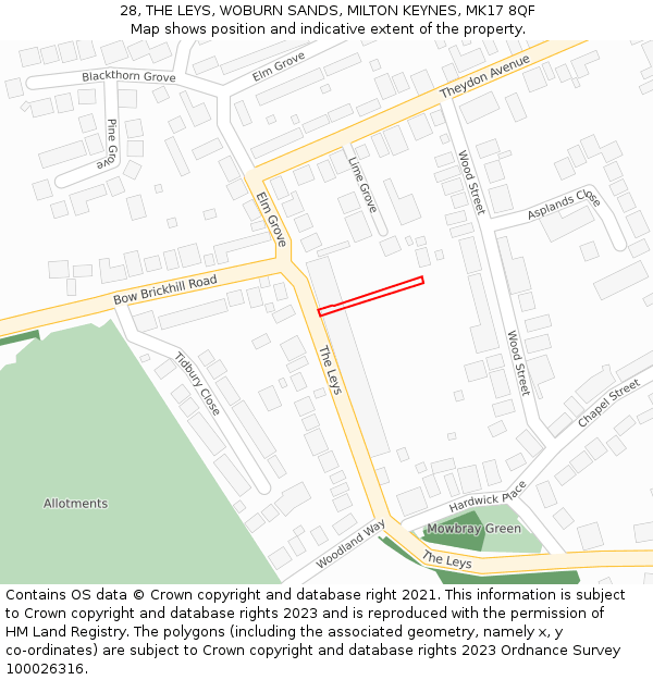 28, THE LEYS, WOBURN SANDS, MILTON KEYNES, MK17 8QF: Location map and indicative extent of plot