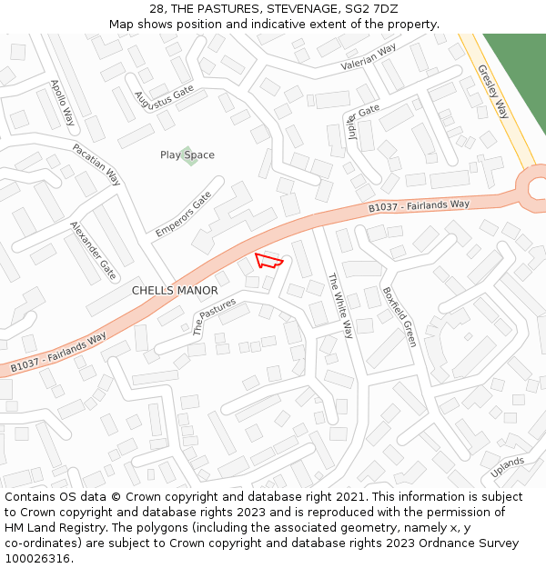 28, THE PASTURES, STEVENAGE, SG2 7DZ: Location map and indicative extent of plot
