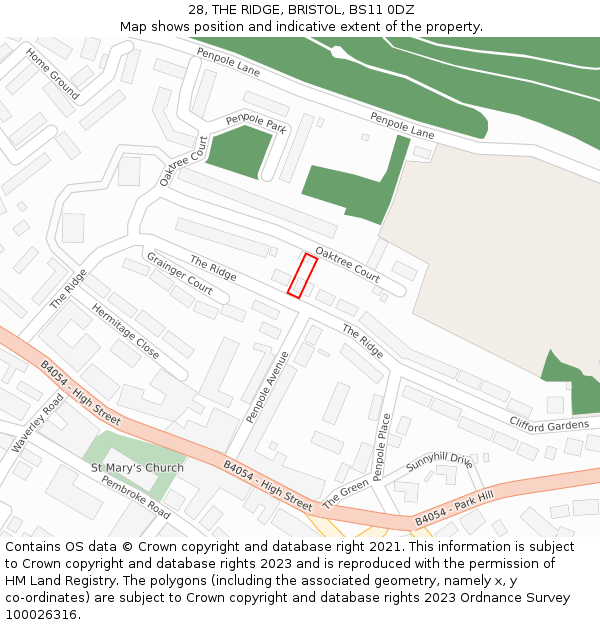 28, THE RIDGE, BRISTOL, BS11 0DZ: Location map and indicative extent of plot