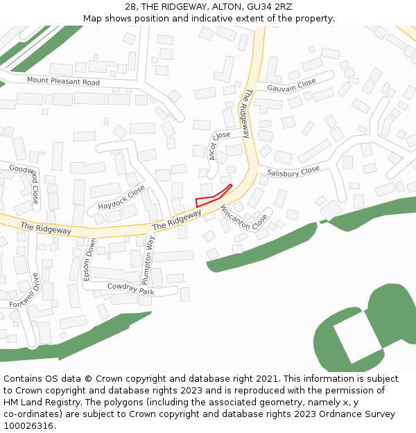 28, THE RIDGEWAY, ALTON, GU34 2RZ: Location map and indicative extent of plot