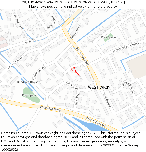 28, THOMPSON WAY, WEST WICK, WESTON-SUPER-MARE, BS24 7FJ: Location map and indicative extent of plot
