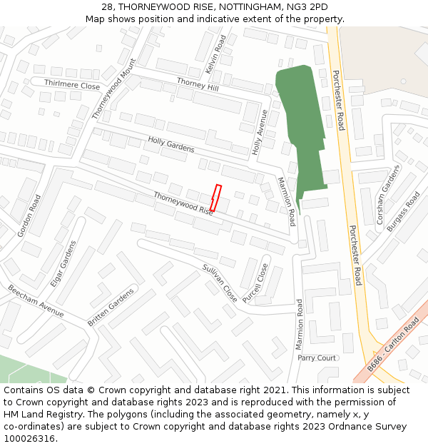 28, THORNEYWOOD RISE, NOTTINGHAM, NG3 2PD: Location map and indicative extent of plot