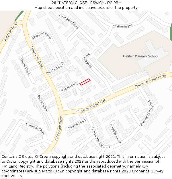 28, TINTERN CLOSE, IPSWICH, IP2 9BH: Location map and indicative extent of plot