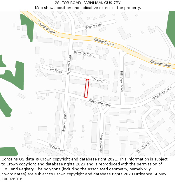 28, TOR ROAD, FARNHAM, GU9 7BY: Location map and indicative extent of plot