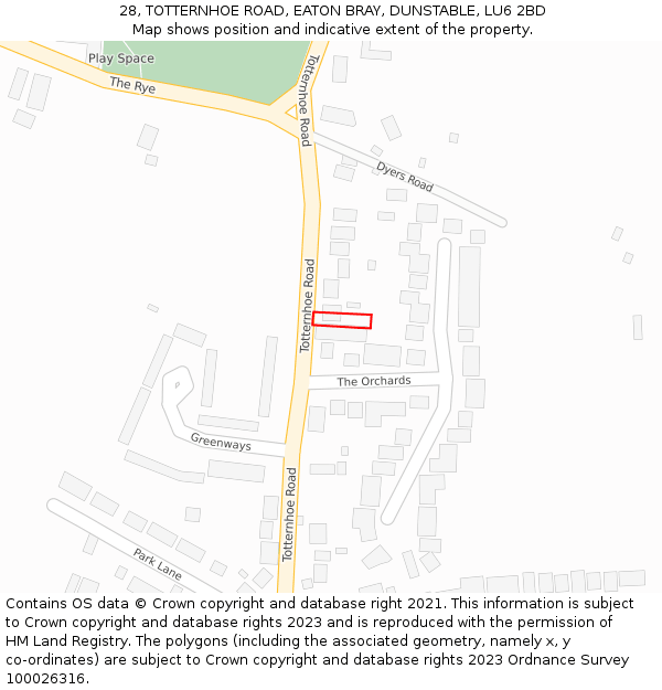 28, TOTTERNHOE ROAD, EATON BRAY, DUNSTABLE, LU6 2BD: Location map and indicative extent of plot