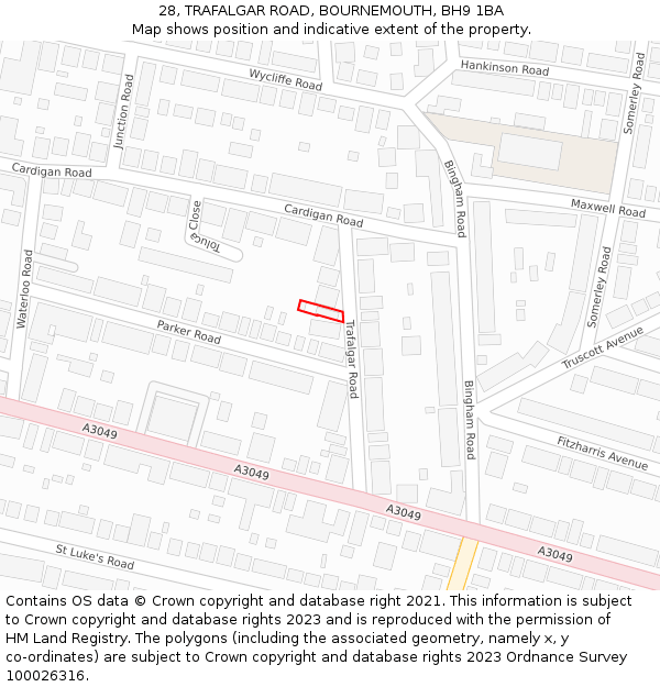 28, TRAFALGAR ROAD, BOURNEMOUTH, BH9 1BA: Location map and indicative extent of plot