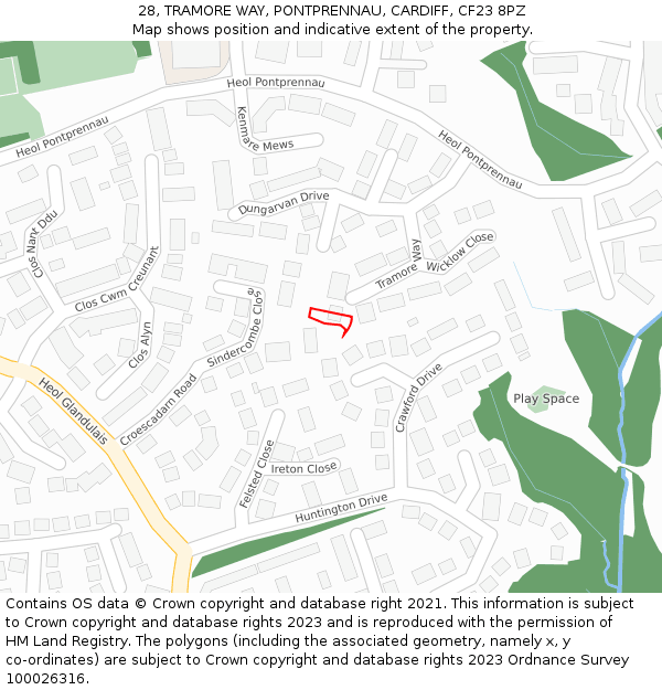 28, TRAMORE WAY, PONTPRENNAU, CARDIFF, CF23 8PZ: Location map and indicative extent of plot