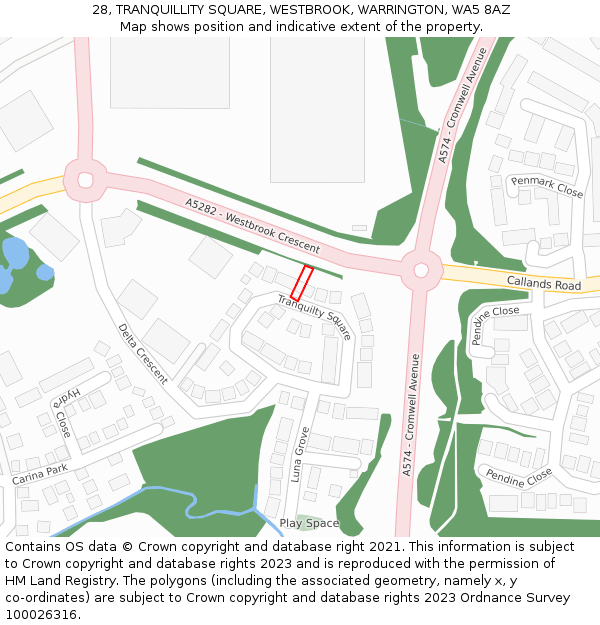 28, TRANQUILLITY SQUARE, WESTBROOK, WARRINGTON, WA5 8AZ: Location map and indicative extent of plot