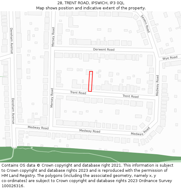 28, TRENT ROAD, IPSWICH, IP3 0QL: Location map and indicative extent of plot