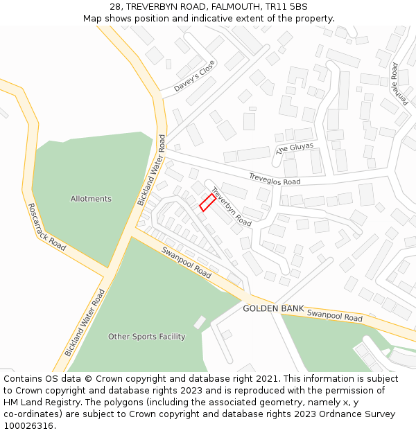 28, TREVERBYN ROAD, FALMOUTH, TR11 5BS: Location map and indicative extent of plot