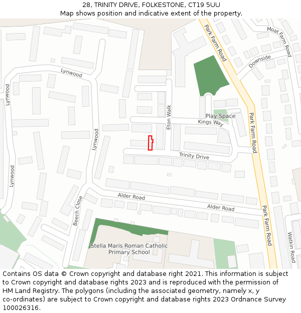 28, TRINITY DRIVE, FOLKESTONE, CT19 5UU: Location map and indicative extent of plot