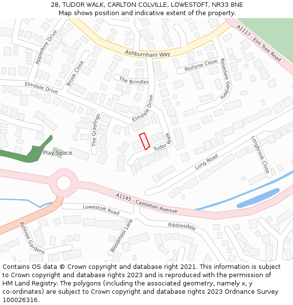28, TUDOR WALK, CARLTON COLVILLE, LOWESTOFT, NR33 8NE: Location map and indicative extent of plot
