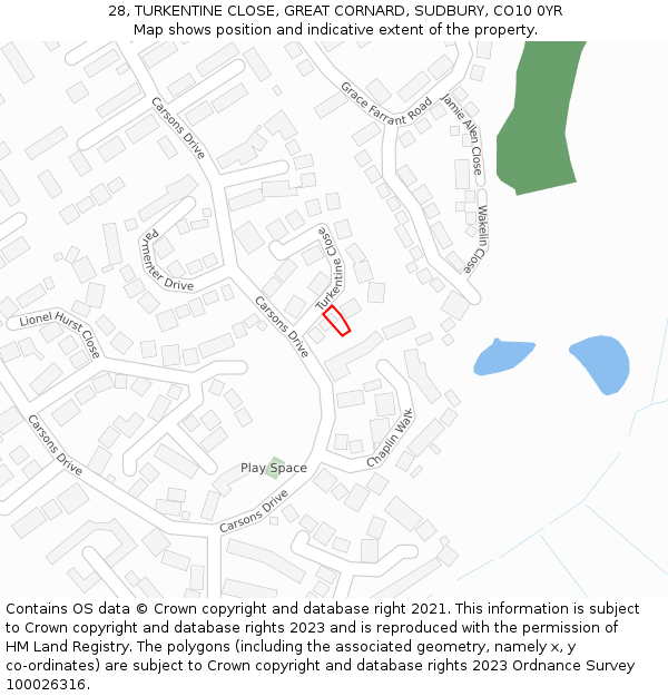 28, TURKENTINE CLOSE, GREAT CORNARD, SUDBURY, CO10 0YR: Location map and indicative extent of plot