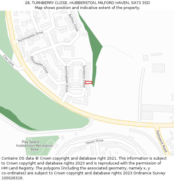 28, TURNBERRY CLOSE, HUBBERSTON, MILFORD HAVEN, SA73 3SD: Location map and indicative extent of plot