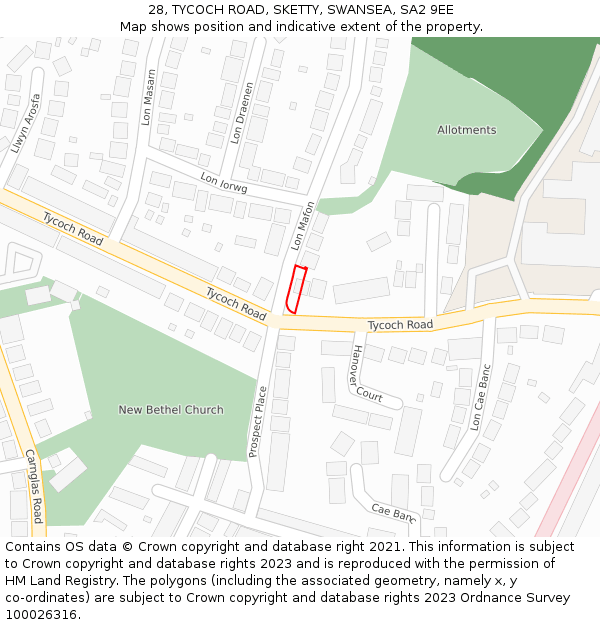 28, TYCOCH ROAD, SKETTY, SWANSEA, SA2 9EE: Location map and indicative extent of plot