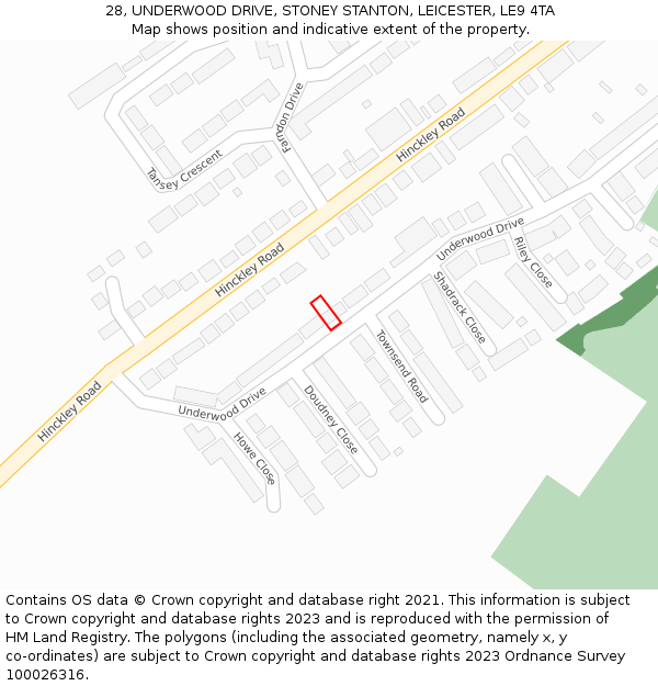 28, UNDERWOOD DRIVE, STONEY STANTON, LEICESTER, LE9 4TA: Location map and indicative extent of plot