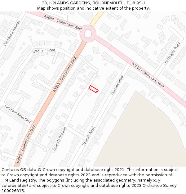 28, UPLANDS GARDENS, BOURNEMOUTH, BH8 9SU: Location map and indicative extent of plot