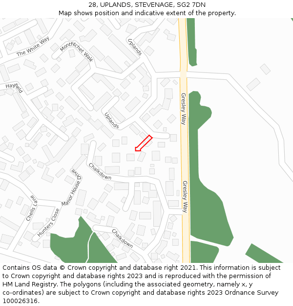 28, UPLANDS, STEVENAGE, SG2 7DN: Location map and indicative extent of plot