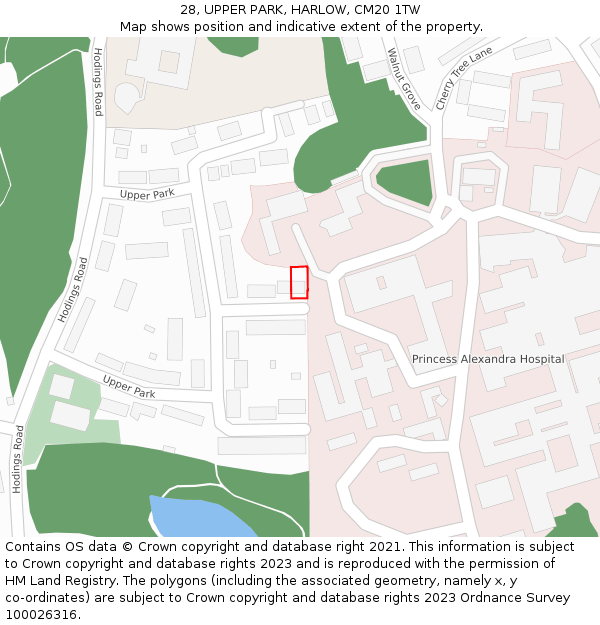 28, UPPER PARK, HARLOW, CM20 1TW: Location map and indicative extent of plot
