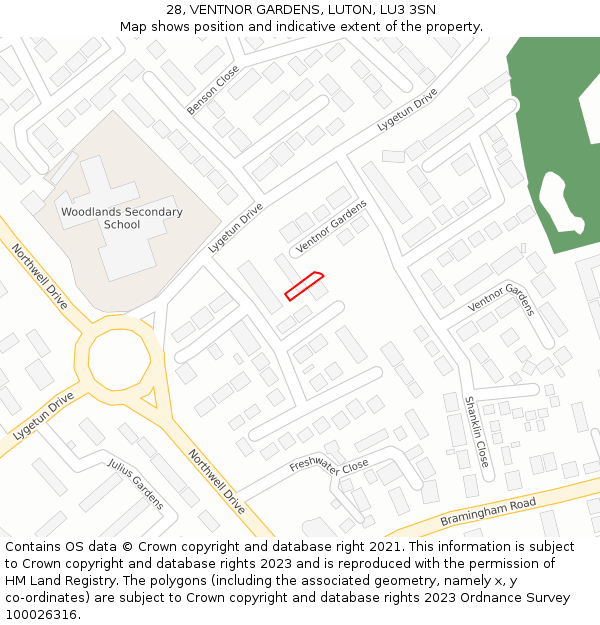28, VENTNOR GARDENS, LUTON, LU3 3SN: Location map and indicative extent of plot