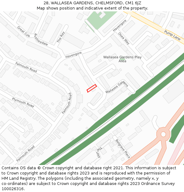 28, WALLASEA GARDENS, CHELMSFORD, CM1 6JZ: Location map and indicative extent of plot