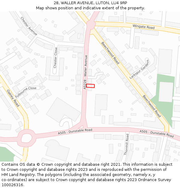 28, WALLER AVENUE, LUTON, LU4 9RP: Location map and indicative extent of plot