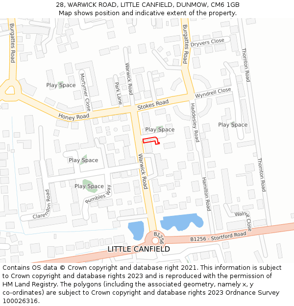 28, WARWICK ROAD, LITTLE CANFIELD, DUNMOW, CM6 1GB: Location map and indicative extent of plot