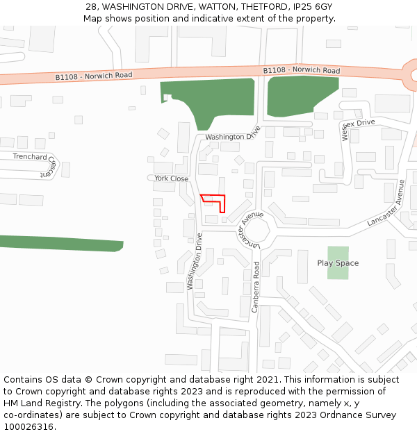28, WASHINGTON DRIVE, WATTON, THETFORD, IP25 6GY: Location map and indicative extent of plot