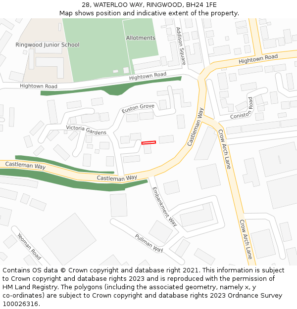 28, WATERLOO WAY, RINGWOOD, BH24 1FE: Location map and indicative extent of plot