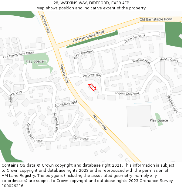 28, WATKINS WAY, BIDEFORD, EX39 4FP: Location map and indicative extent of plot