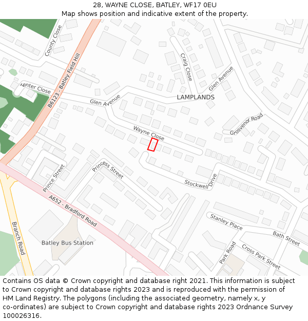 28, WAYNE CLOSE, BATLEY, WF17 0EU: Location map and indicative extent of plot