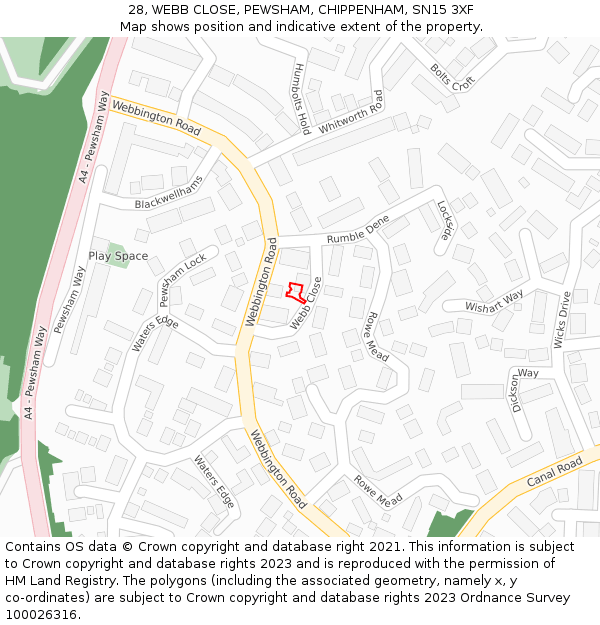 28, WEBB CLOSE, PEWSHAM, CHIPPENHAM, SN15 3XF: Location map and indicative extent of plot