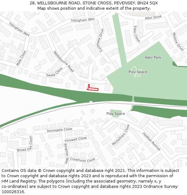 28, WELLSBOURNE ROAD, STONE CROSS, PEVENSEY, BN24 5QX: Location map and indicative extent of plot