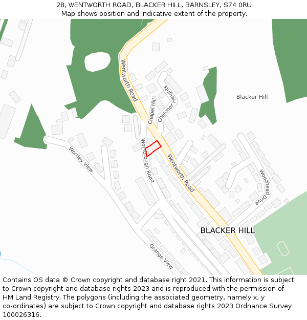 28, WENTWORTH ROAD, BLACKER HILL, BARNSLEY, S74 0RU: Location map and indicative extent of plot
