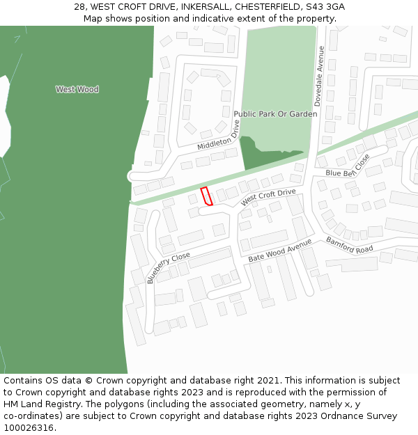 28, WEST CROFT DRIVE, INKERSALL, CHESTERFIELD, S43 3GA: Location map and indicative extent of plot
