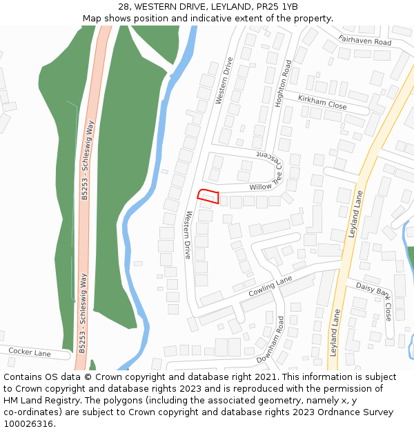 28, WESTERN DRIVE, LEYLAND, PR25 1YB: Location map and indicative extent of plot