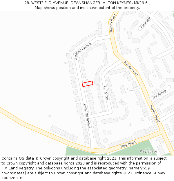 28, WESTFIELD AVENUE, DEANSHANGER, MILTON KEYNES, MK19 6LJ: Location map and indicative extent of plot