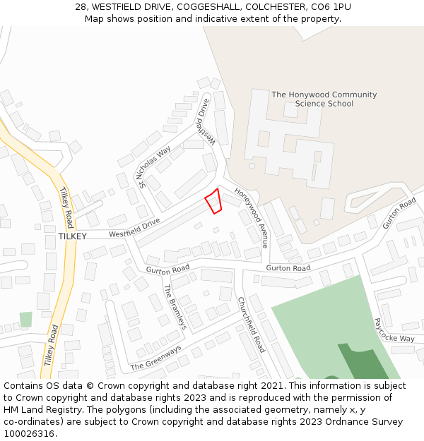 28, WESTFIELD DRIVE, COGGESHALL, COLCHESTER, CO6 1PU: Location map and indicative extent of plot