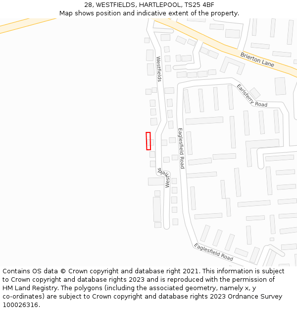 28, WESTFIELDS, HARTLEPOOL, TS25 4BF: Location map and indicative extent of plot