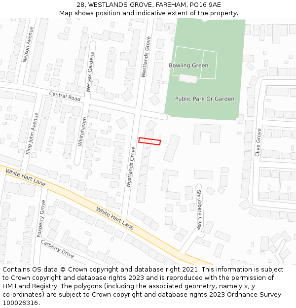 28, WESTLANDS GROVE, FAREHAM, PO16 9AE: Location map and indicative extent of plot