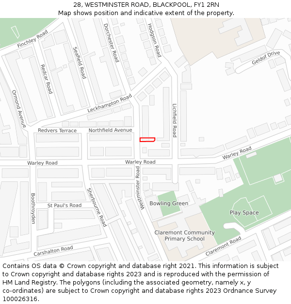 28, WESTMINSTER ROAD, BLACKPOOL, FY1 2RN: Location map and indicative extent of plot