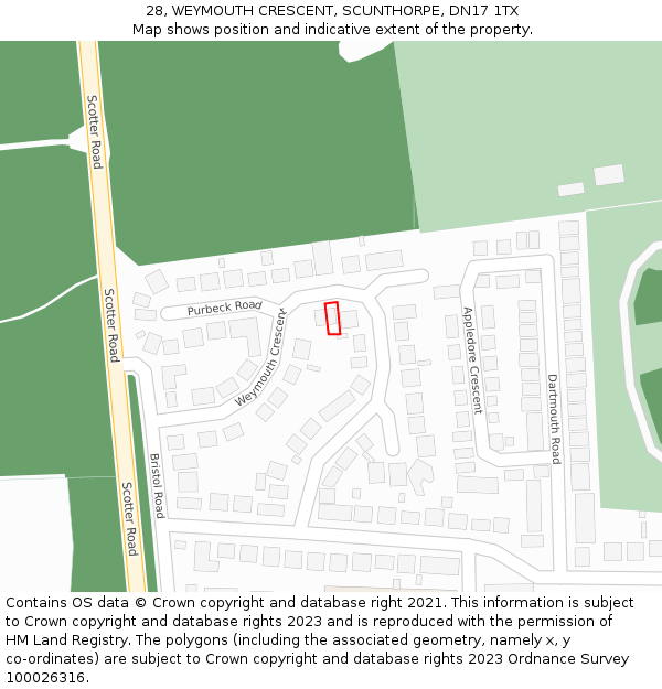 28, WEYMOUTH CRESCENT, SCUNTHORPE, DN17 1TX: Location map and indicative extent of plot