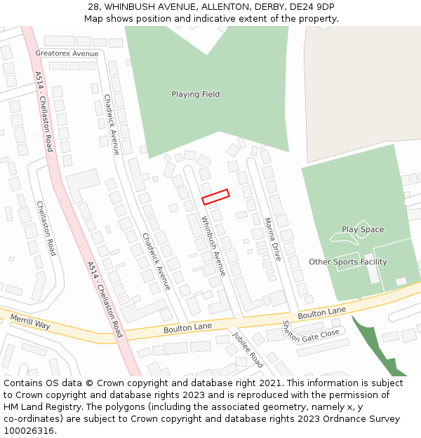 28, WHINBUSH AVENUE, ALLENTON, DERBY, DE24 9DP: Location map and indicative extent of plot