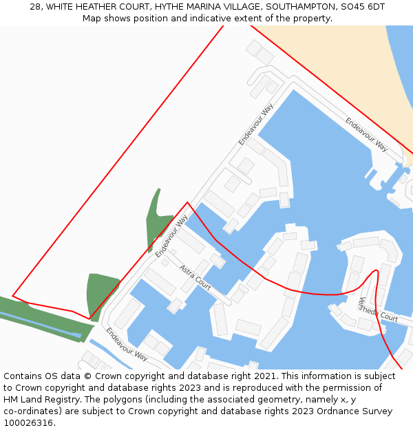 28, WHITE HEATHER COURT, HYTHE MARINA VILLAGE, SOUTHAMPTON, SO45 6DT: Location map and indicative extent of plot